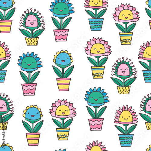Seamless pattern with abstract smiling potted flowers, on white background
