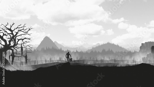flat animation of the witcher, dark forest next to a tree with hanged tree. Gerald of rivia holds a monster head.
Wallpaper, flat design, animated background. photo