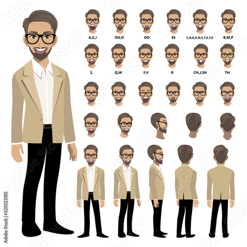 Cartoon character with business man in smart suit for animation. Front, side, back, 3-4 view character. Separate parts of body. Flat vector illustration.