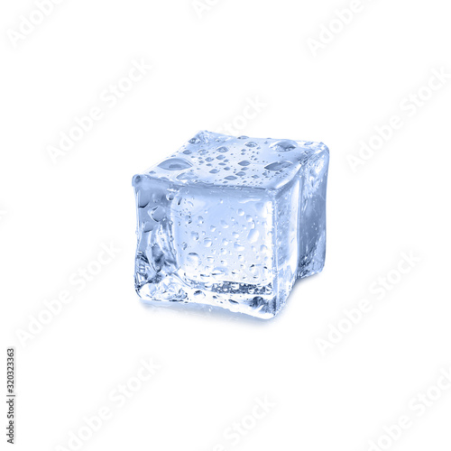 Crystal clear ice cube with water drops isolated on white