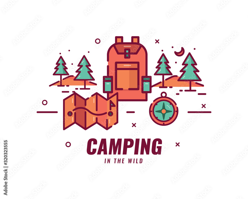 Camping and hiking. Camping and out door objects and scenery concept. vector illustration Camping and hiking. Camping and out door objects and scenery concept. vector illustration