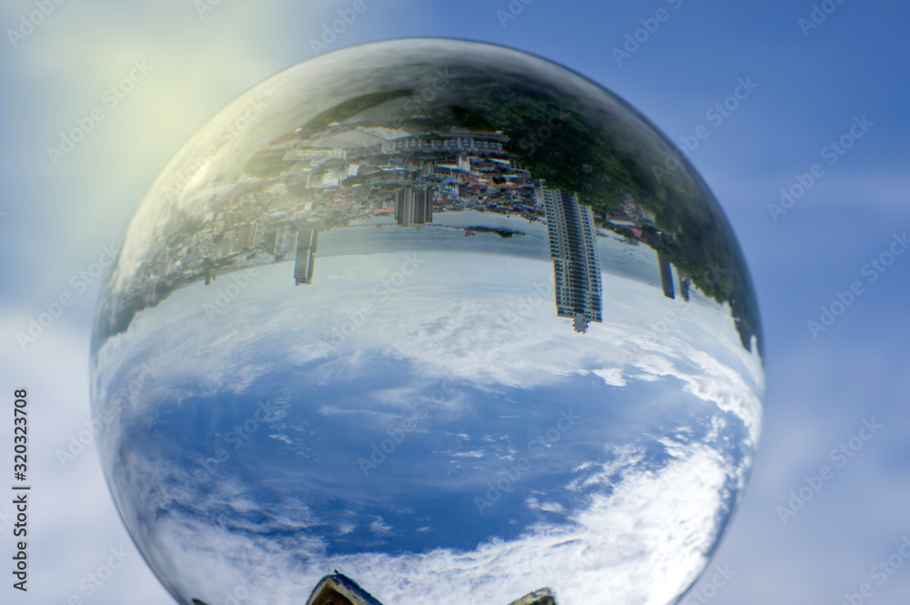 High angle view in a crystal ball from a mountain in Si Racha District, Chon Buri Province, Thailand High angle view in a crystal ball from a mountain in Si Racha District, Chon Buri Province, Thailand