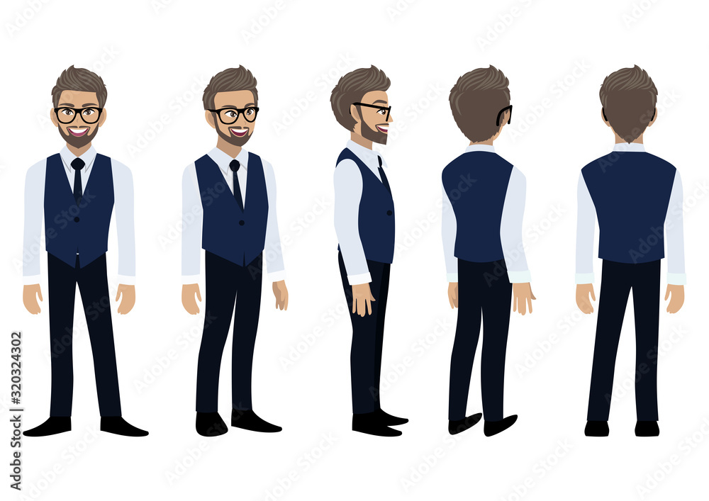 Businessman cartoon character with a smart shirt and waistcoat for animation. Front, side, back, 3-4 view character. Flat icon design vector Businessman cartoon character with a smart shirt and waistcoat for animation. Front, side, back, 3-4 view character. Flat icon design vector