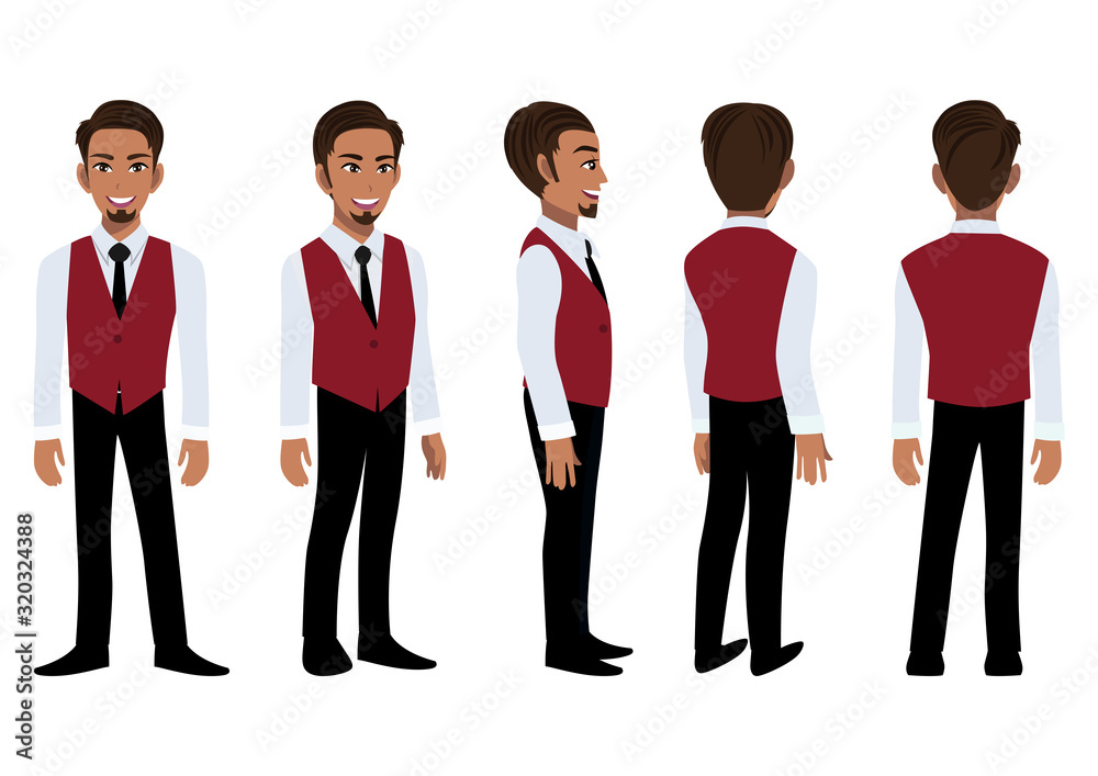 Businessman cartoon character with a smart shirt and waistcoat for animation. Front, side, back, 3-4 view character. Flat icon design vector Businessman cartoon character with a smart shirt and waistcoat for animation. Front, side, back, 3-4 view character. Flat icon design vector