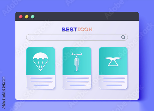 Set Bicycle, Parachute and Hang glider icon. Vector