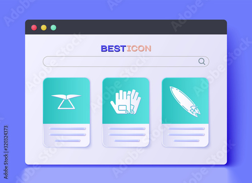 Set Gloves, Hang glider and Surfboard icon. Vector