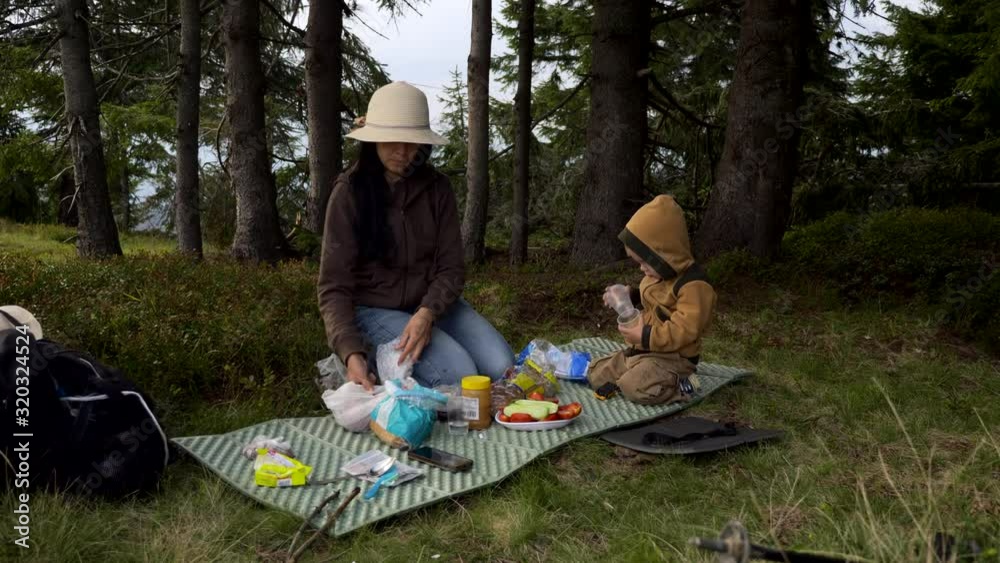 Family Picnic In Forest On Top of the Mountain. Child Eat Food. Mother And Son Travel On Vacation Trip. Family Picnic In Forest On Top of the Mountain. Child Eat Food. Mother And Son Travel On Vacation Trip.