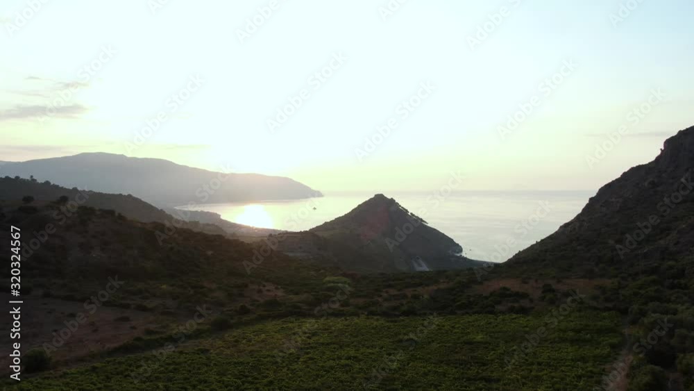 Magical field with bird flying through view of a sea and mountain with sunshine Magical field with bird flying through view of a sea and mountain with sunshine