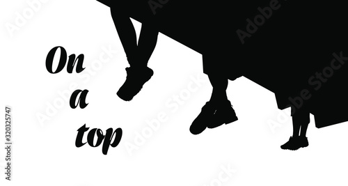 Silhouette of group of hikers sitting on a wooden roof.  Vector illustration. EPS 10.
