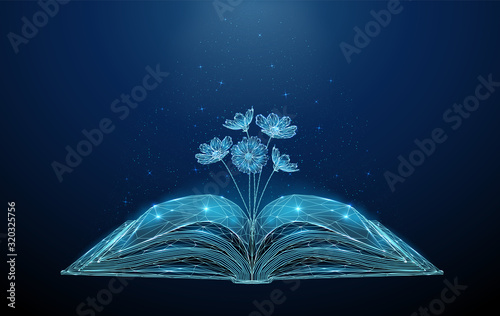 Abstract open book with growing blooming flowers.