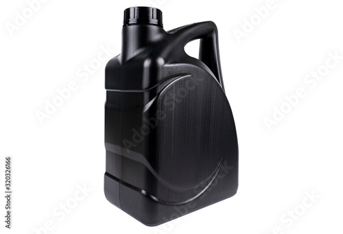 New black plastic oil canister isolated on white background with clipping path. Storage Tank. Canister for gasoline, diesel, gas. Plastic canister for technical liquids isolated over white © Anna