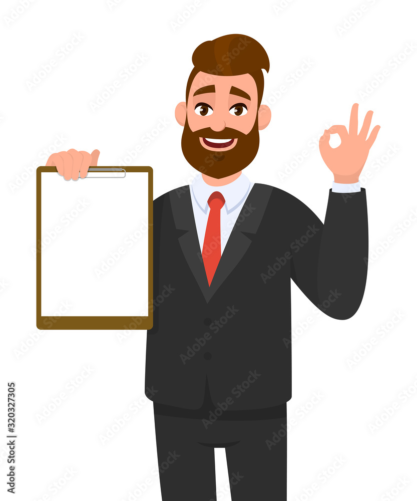 Young businessman showing blank clipboard and making okay, OK gesture sign. Person holding notepad. Male character design illustration. Human emotions, facial expressions concept in vector cartoon. Young businessman showing blank clipboard and making okay, OK gesture sign. Person holding notepad. Male character design illustration. Human emotions, facial expressions concept in vector cartoon.