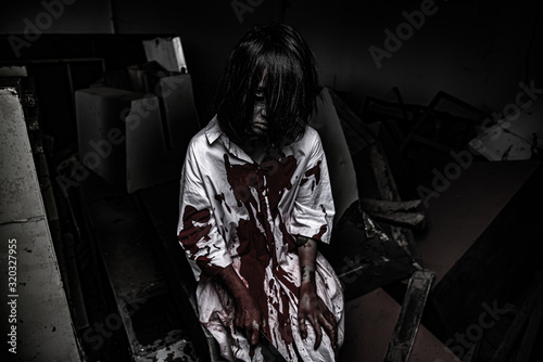 Portrait of asian woman make up ghost face,Horror scene,Scary background,Halloween poster