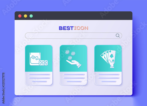 Set Hand holding casino chips, Game dice and glass of whiskey with ice cubes and Hand holding playing cards icon. Vector