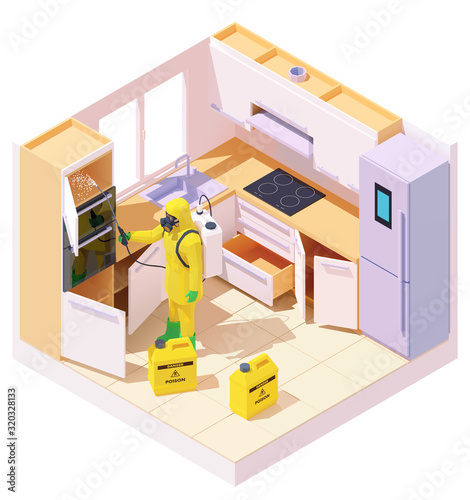 Vector isometric pest control worker spraying pesticides or insecticide on cabinet in kitchen room. Man in the protective workwear with sprayer. Pest exterminator at work