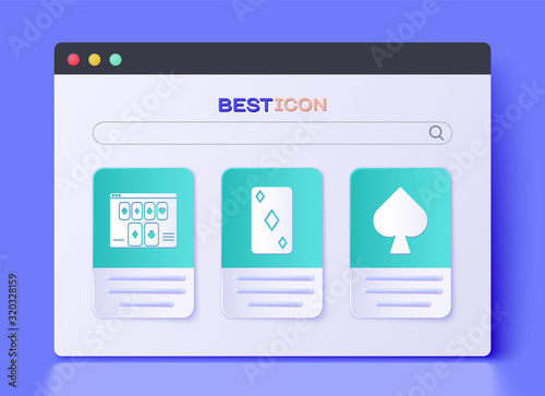 Set Playing card with diamonds symbol, Online poker table game and Playing card with spades symbol icon. Vector