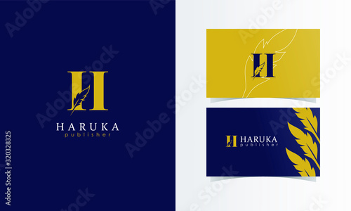 H Feather Logo mark with business card template design for branding identity