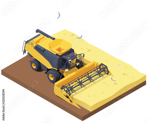 Vector isometric combine harvester working in wheat field. Wheat harvesting process with modern combine. Agricultural machinery cropping cereal field