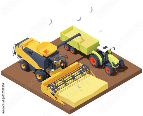 Vector isometric combine harvester and tractor at harvest. Combine loading wheat harvest in trailer. Wheat harvesting process, combine filling tractor trailer with grain