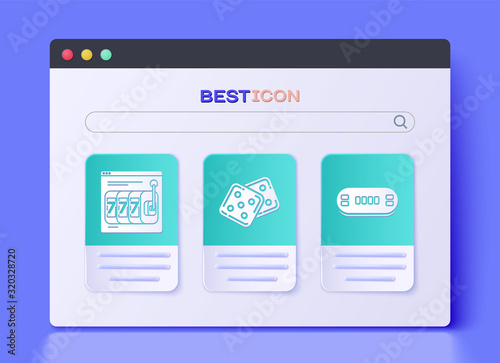 Set Game dice, Online slot machine with lucky sevens jackpot and Poker table icon. Vector