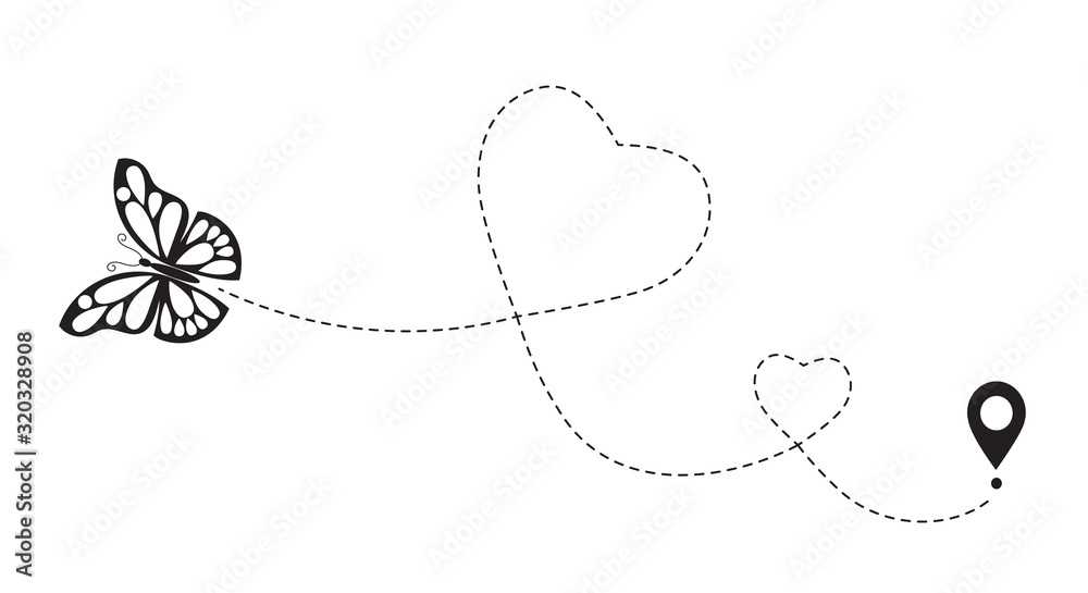 Obraz premium Double love butterfly route. Romantic travel simbol, heart dashed line trace. Simple hearted path, dotted love valentine day drawing isolated