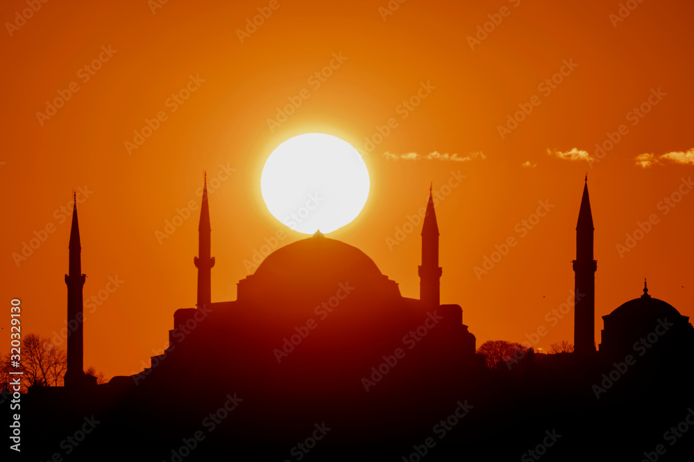 sunset over the Hagia Sophia Mosque or Museum Istanbul Turkey