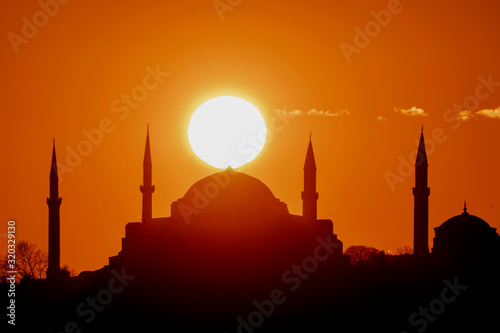 sunset over the Hagia Sophia Mosque or Museum Istanbul Turkey