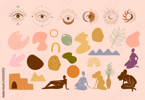 Collection of abstract shape,esoteric symbol,  Eye of Horus and women body silhouette, minimalist style. Vector Illustration