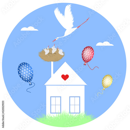 Storks - family, nest with chicks on the roof of the house, balloons - vector. The world of birds. Valentine's Day.