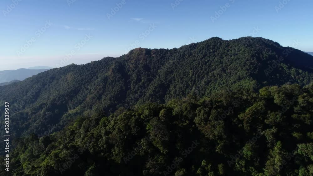 AERIAL Over Tropical Forest Mountain Ridge With Blue Skies AERIAL Over Tropical Forest Mountain Ridge With Blue Skies