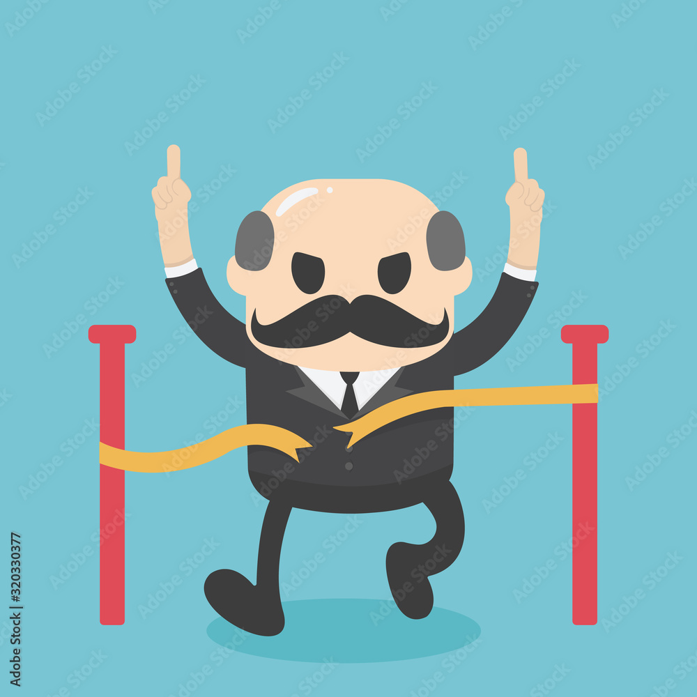 Φωτογραφία Concept cartoon illustration big boss businessman who runs to the finish line wi
