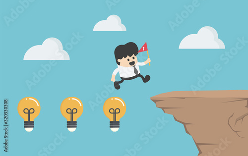 Concept cartoon illustration businessman crosses a high cliff with a lamp showing his intelligence and his hand holding a red flag