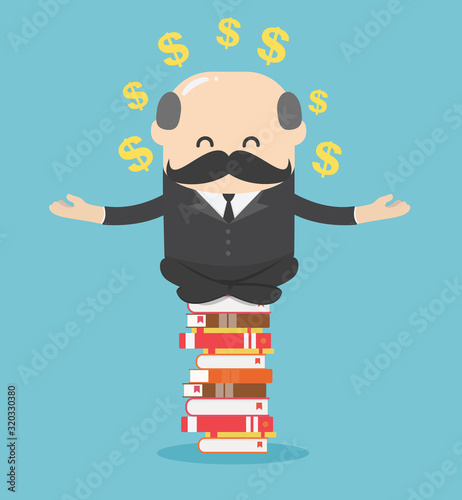 Concept cartoon illustration business man who is mindful by sitting on a pile of books, he succeeds in reading and can make money for him