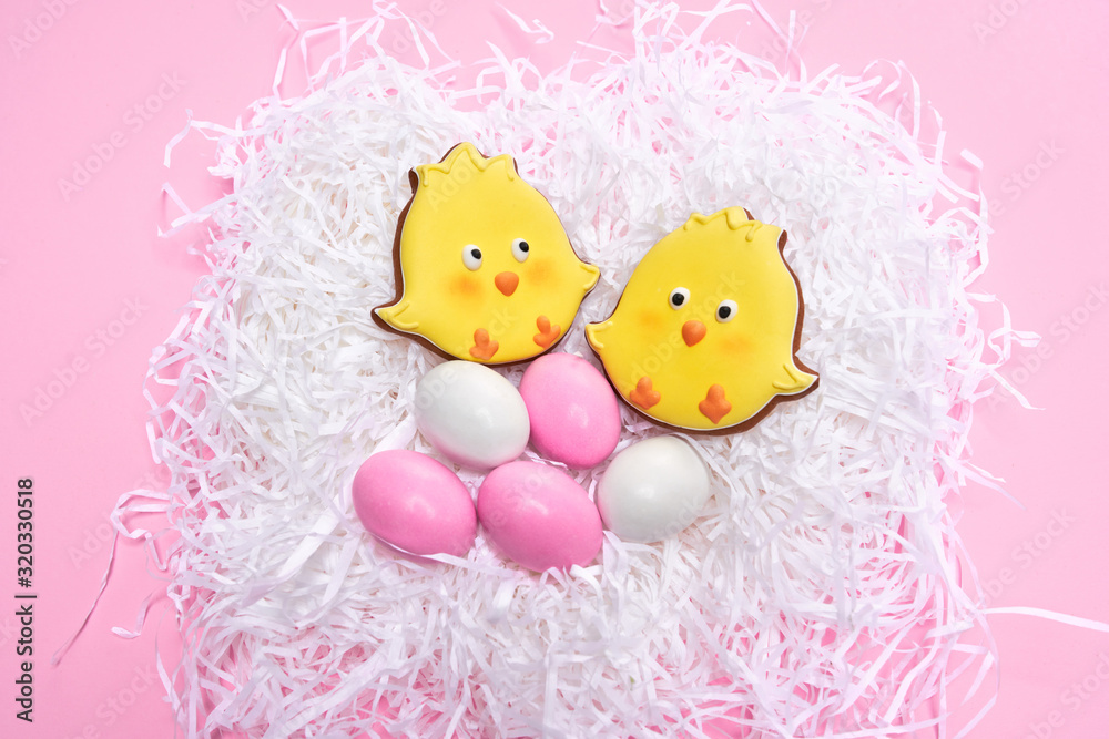 Ginger cookies and eggs in nest. Ginger cookies and eggs in nest.