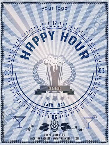 Happy hour beer flyer or poster on grunge. Abstract greeting card poster with beer mug and lettering. Hand-drawn, design elements. Grunge background. Elements are layers separately in vector file.