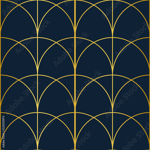 Blue and Gold Arch Art Deco Inspired Seamless Pattern Print Background