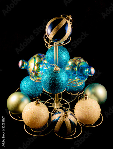 blue christmas balls on Black background