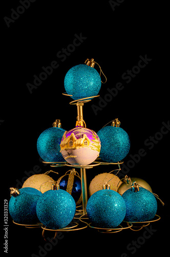 blue christmas balls on Black background