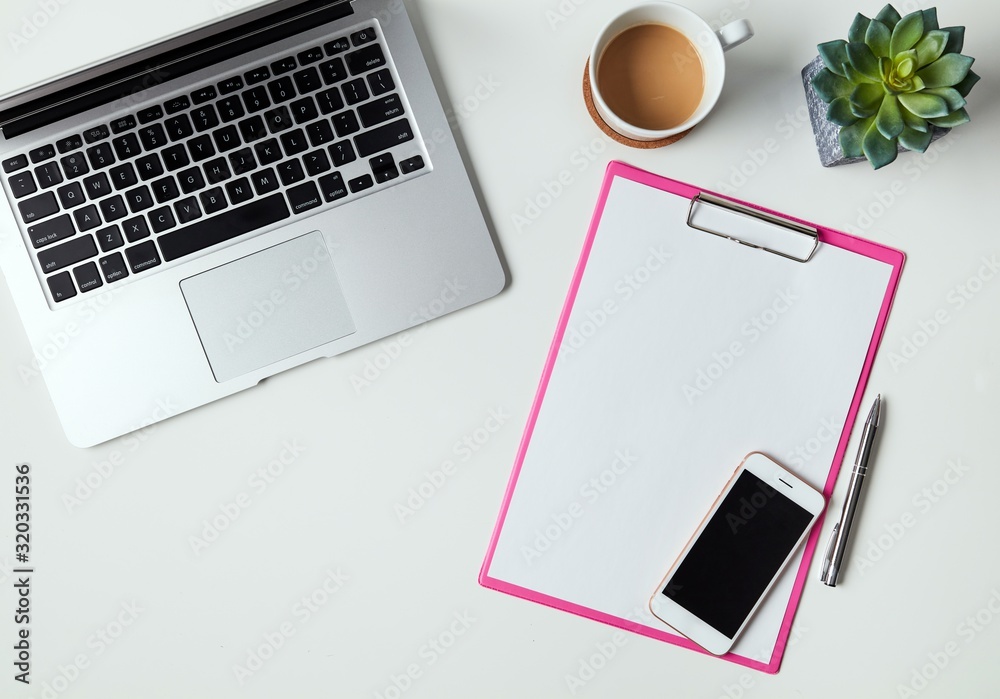 Desktop, workspace, supplies and a4 blank paper Desktop, workspace, supplies and a4 blank paper
