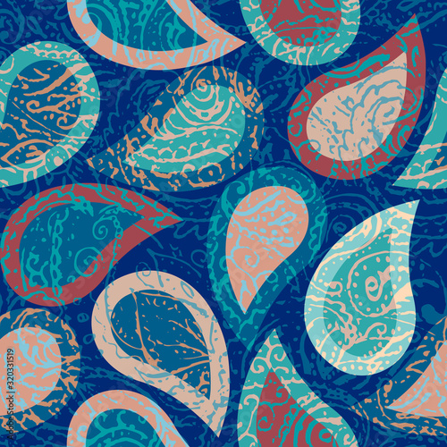 Seamless background pattern. Grunge paisley pattern in collage patchwork style. Ethnic indian style.