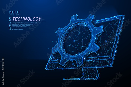 Abstract polygonal light design of computer monitor with cog gear.