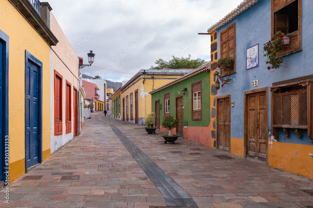 Beautiful colorful streets of old colonial town in Los Llanos de Aridane in La Palma Island, Canary Islands, Spain.