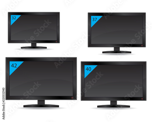 Monitor or TV with different diagonal sizes. Display with 32.37.40.42 inches. Vector illustrator.