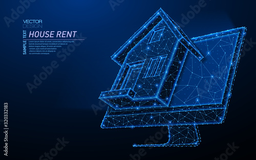 Abstract polygonal light design of monitore with house building symbol. © sentax
