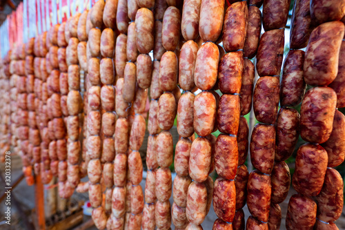 Meat salami smoked sausages hanging