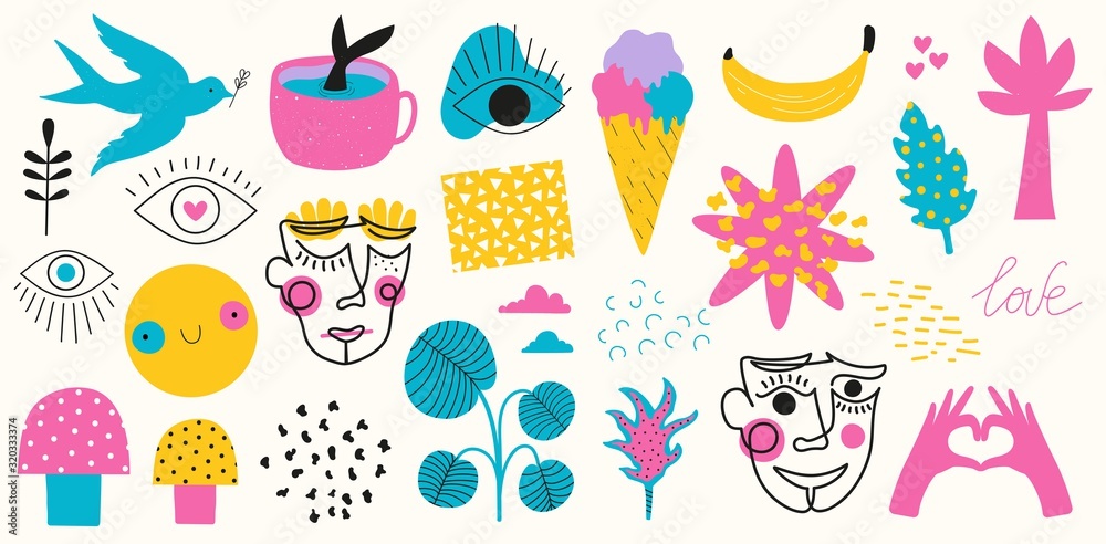 Big vector set of hand drawn style elements and doodle objects. Colorful abstract contemporary collection of modern trendy illustrations