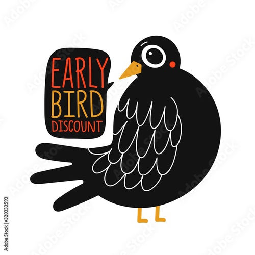 Vector illustration with cartoon pigeon, speech bubble and lettering text. Early bird discount.