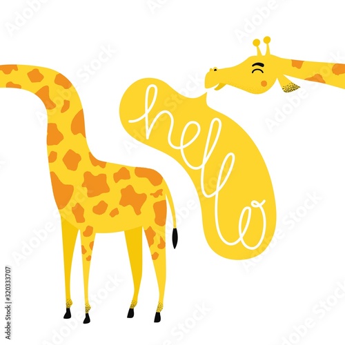 Vector illustration with long neck giraffe  yellow speech bubble and lettering word Hello