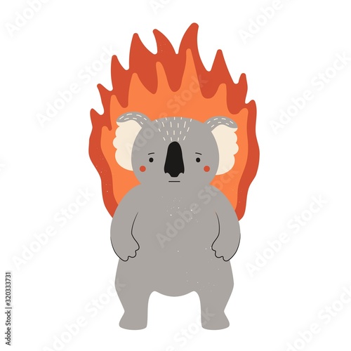Vector illustration with koala and fire flame on background. Emblem, print design, logo on the theme of fires in Australia