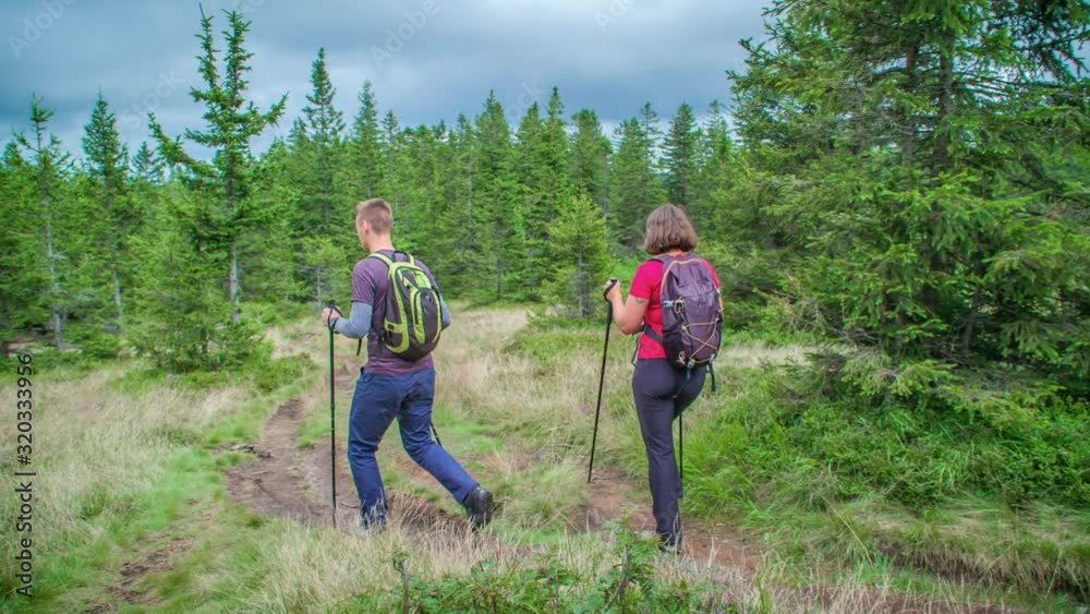 Slow motion, hikers emerging from lush woodlands hiking further into nature. Slow motion, hikers emerging from lush woodlands hiking further into nature.